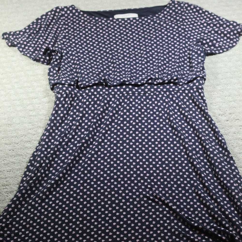 Loft Size M Navy Blue and Pink Knit Flutter Sleeve Blouson Flowy Midi Dress
